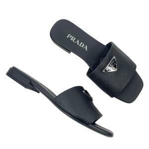 Prada Saffiano Triangle Logo Plaque Slide Flat Sandal Black Size 36.5